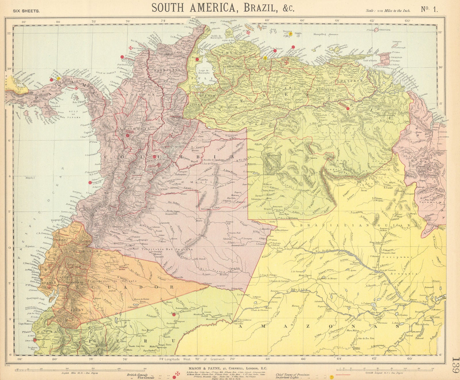 AMAZONIA & ANDEAN STATES. Colombia before separation of Panama. LETTS 1892 map
